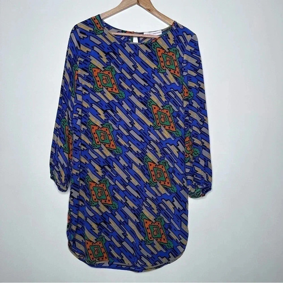 Amanda Uprichard Geometric Print Long Sleeve Silk Tunic Dress Size Medium - Picture 2 of 9